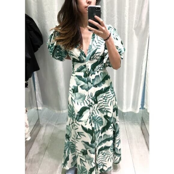 JOHANNA ORTIZ X H&M Linen Midi Dress Tropical Green Leaf Print Size XS - Picture 2 of 10